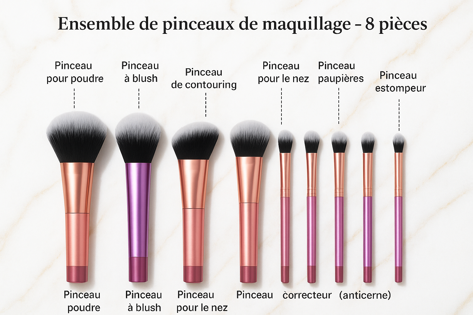 💄 Kit de 8 Pinceaux de Maquillage – Poils Synthétiques Ultra-Doux